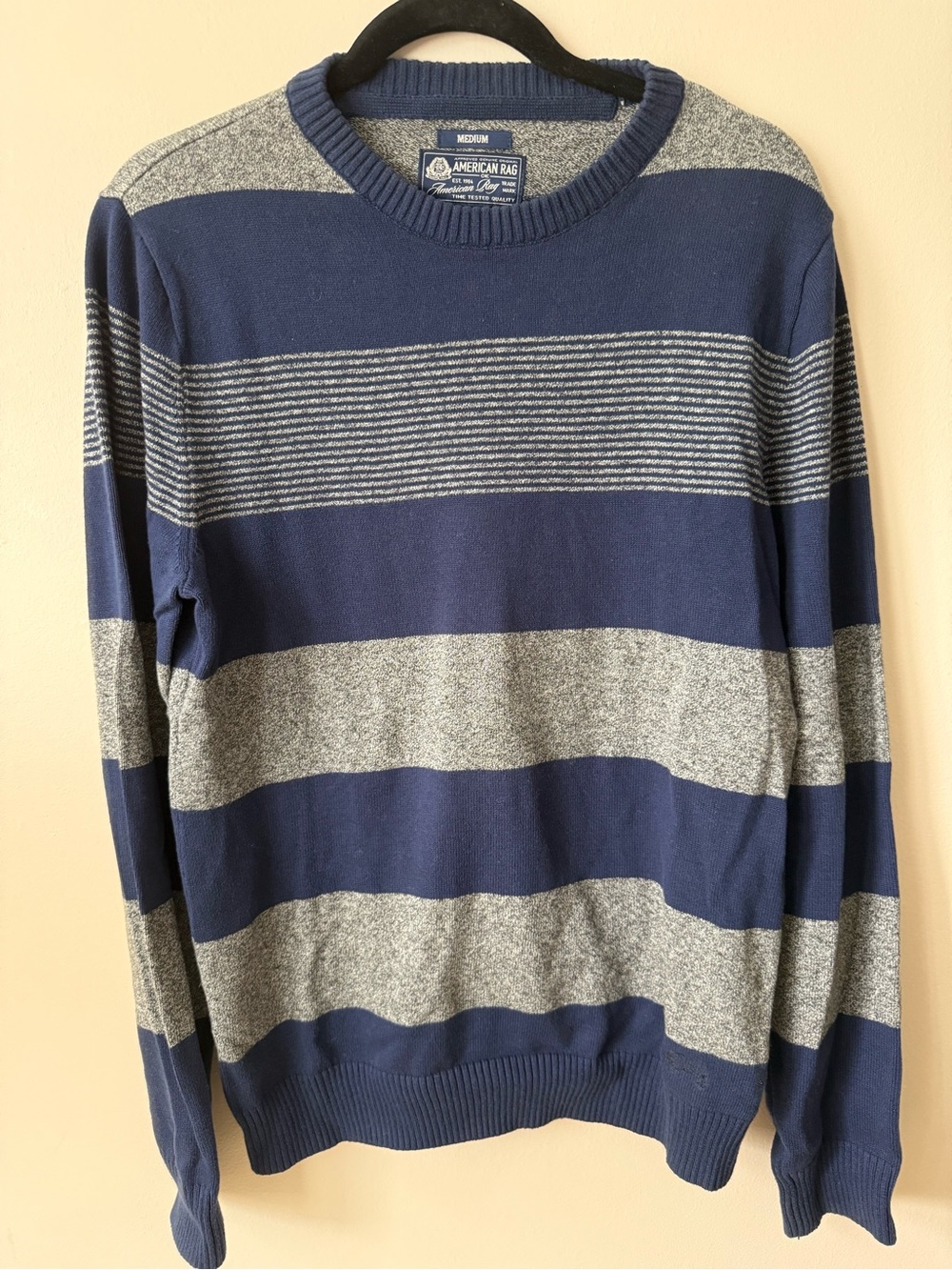 American Rag Cie Men’s Striped Cotton Crewneck Sweater Navy Gray M